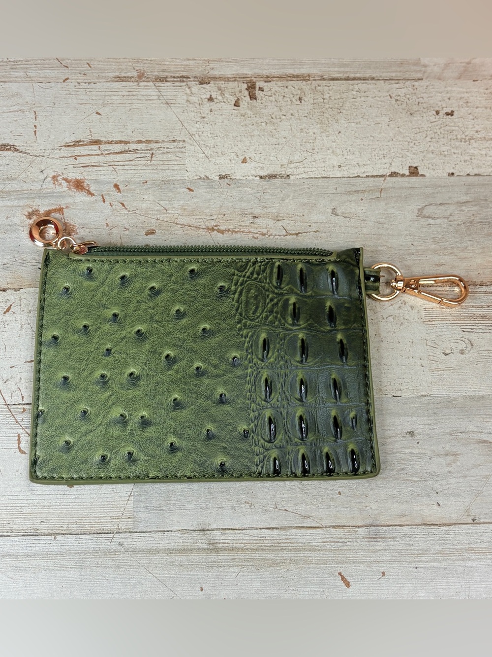 Purse Coin Card Holder Green Faux Crocodile Leather Gold Clip Zipper